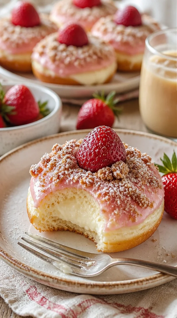 Süße gefüllte Donuts mit saftigen Erdbeeren dekoriert.
