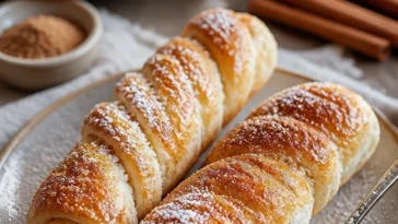 Süße Zimtwinde frisch aus dem Ofen, mit Zimt und Zucker bestreut.
