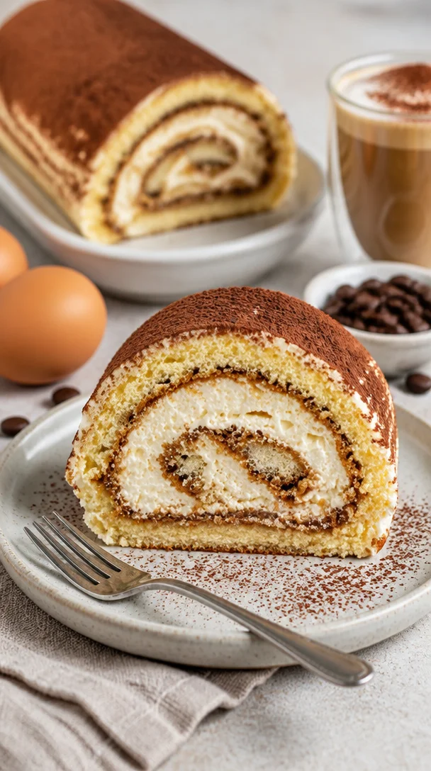 Leckere Tiramisu Rolle mit Schichten aus Mascarpone und Kaffee