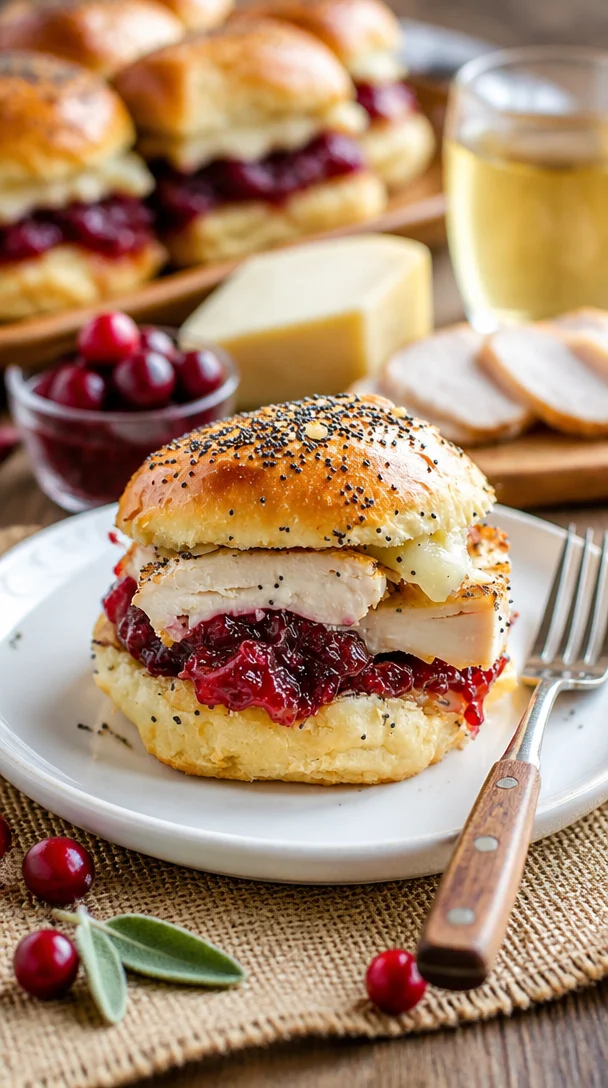 Truthahn Slider mit Preiselbeer-Soße auf einem Teller serviert