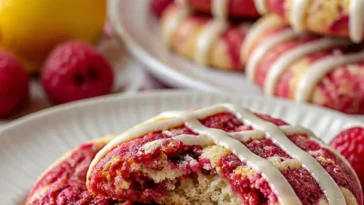 Leckere weiße Schokoladenkekse mit Zitronen und Himbeeren