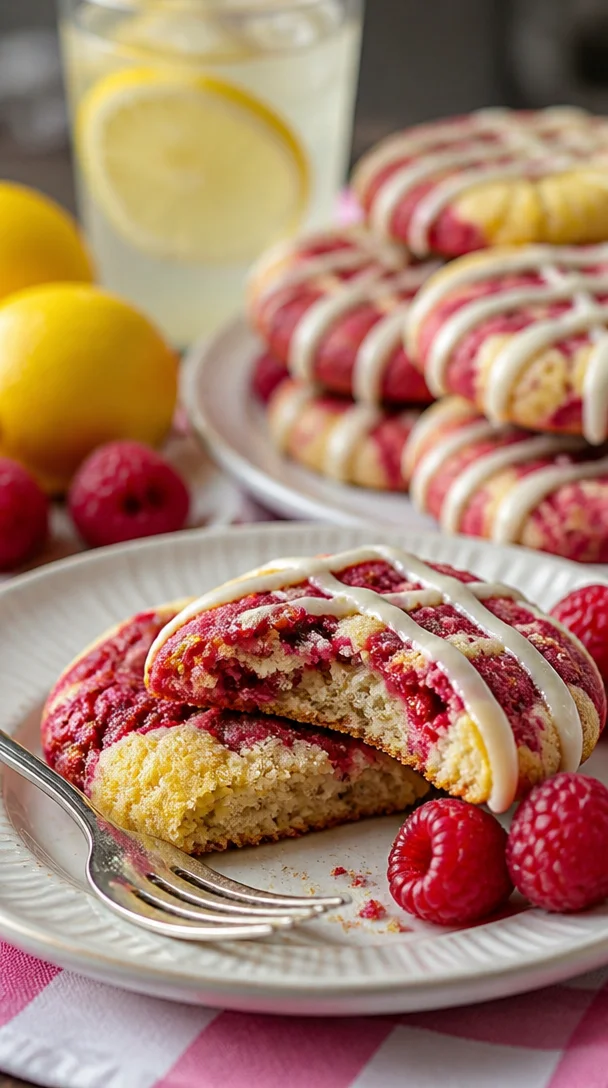 Leckere weiße Schokoladenkekse mit Zitronen und Himbeeren