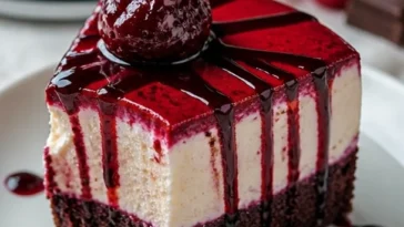 Vampirbiss Rotvelvet-Käsekuchen mit schokoladiger Kruste und cremigem Käsebelag