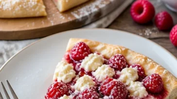 Himbeer-Cheesecake-Dessertpizza mit frischen Himbeeren und cremigem Käsebelag