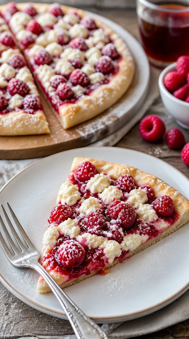 Himbeer-Cheesecake-Dessertpizza mit frischen Himbeeren und cremigem Käsebelag