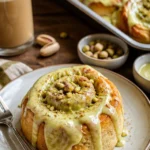Warme Pistaziencreme-Zimtschnecken auf einem Teller, ideal für Frühstück oder Brunch.