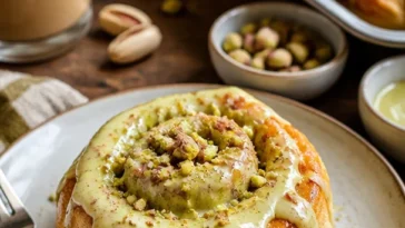 Warme Pistaziencreme-Zimtschnecken auf einem Teller, ideal für Frühstück oder Brunch.