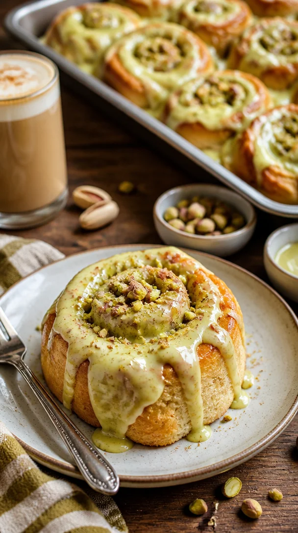 Warme Pistaziencreme-Zimtschnecken auf einem Teller, ideal für Frühstück oder Brunch.