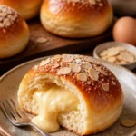 Weiche Milchbrötchen gefüllt mit Mandelcreme auf einem Teller.