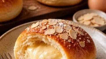 Weiche Milchbrötchen gefüllt mit Mandelcreme auf einem Teller.