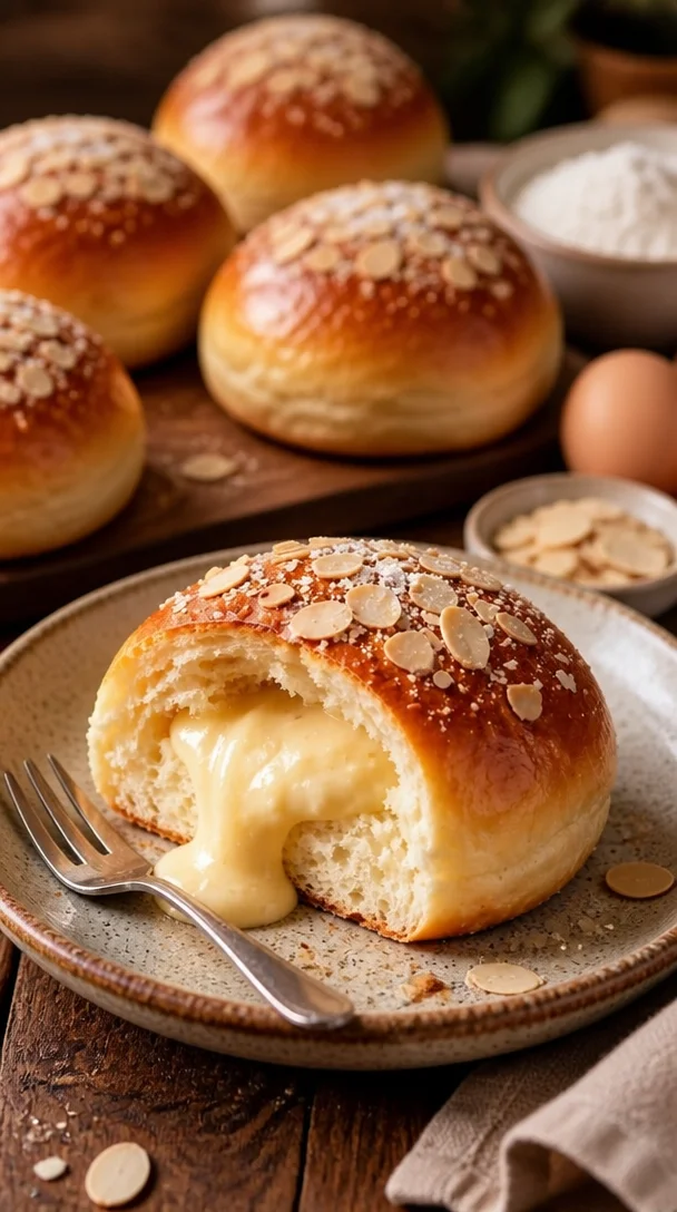 Weiche Milchbrötchen gefüllt mit Mandelcreme auf einem Teller.