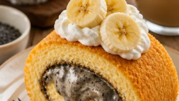 Weiche Rollenkuchen gefüllt mit schwarzer Sesamcreme auf einem Teller
