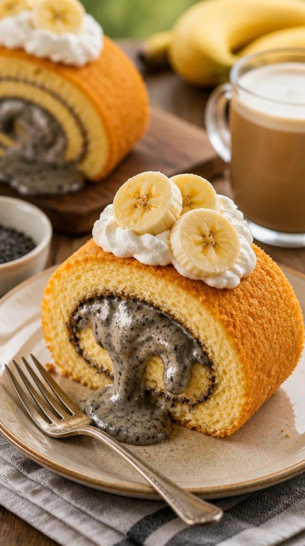 Weiche Rollenkuchen gefüllt mit schwarzer Sesamcreme auf einem Teller