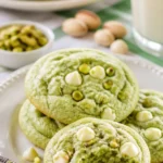 Weiche und zähe Pistazienpuddingkekse auf einem dekorativen Teller.