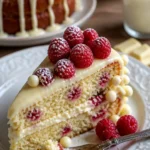 Himbeere Traumkuchen mit weißer Schokolade auf einem Teller.