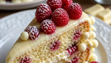 Himbeere Traumkuchen mit weißer Schokolade auf einem Teller.