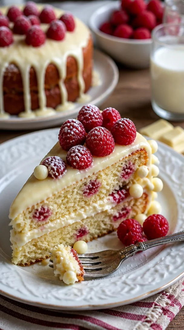 Himbeere Traumkuchen mit weißer Schokolade auf einem Teller.