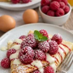 Weiße Schokoladen-Himbeer-Crepes mit Vanillecreme auf einem Teller