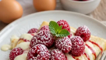 Weiße Schokoladen-Himbeer-Crepes mit Vanillecreme auf einem Teller