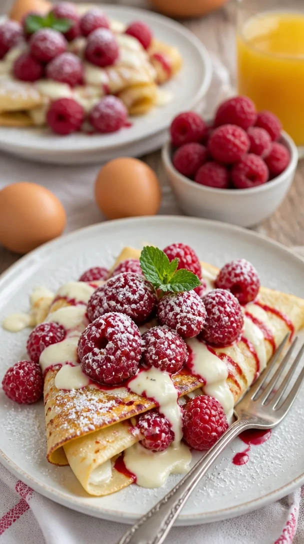 Weiße Schokoladen-Himbeer-Crepes mit Vanillecreme auf einem Teller