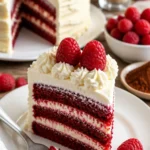 Himbeer-Traumkuchen mit weißer Schokolade auf einem Teller, verziert mit frischen Himbeeren.