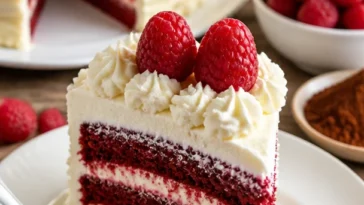 Himbeer-Traumkuchen mit weißer Schokolade auf einem Teller, verziert mit frischen Himbeeren.