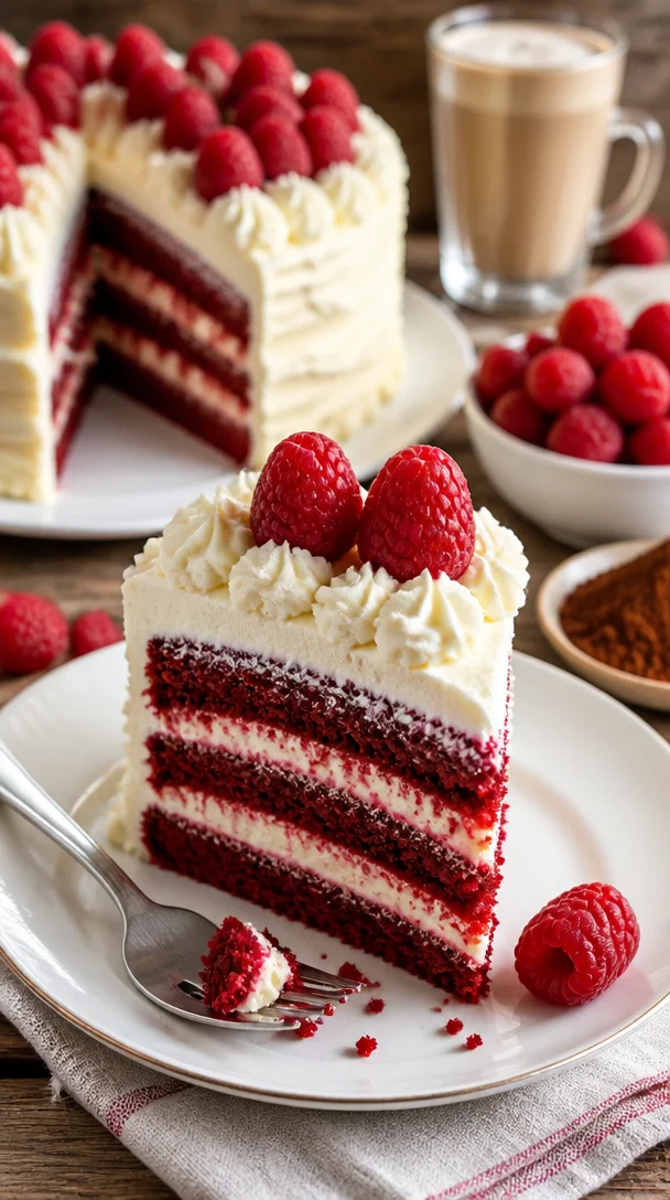 Himbeer-Traumkuchen mit weißer Schokolade auf einem Teller, verziert mit frischen Himbeeren.