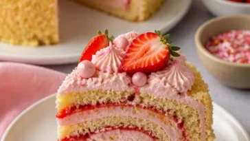 Eine köstliche Wickeltorte auf einem Teller, dekoriert mit frischen Früchten.