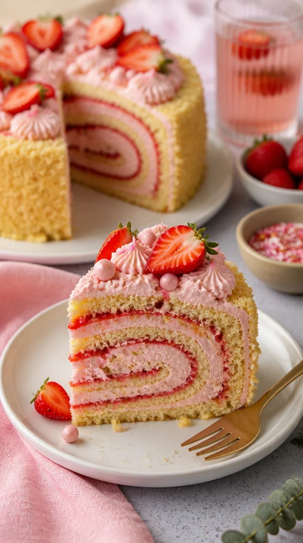 Eine köstliche Wickeltorte auf einem Teller, dekoriert mit frischen Früchten.