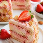 Wickeltorte mit Erdbeeren und Mascarpone-Creme auf einem Teller