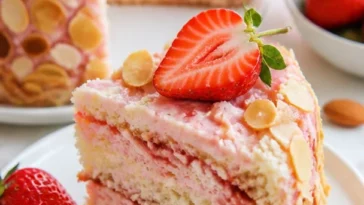 Wickeltorte mit Erdbeeren und Mascarpone-Creme auf einem Teller