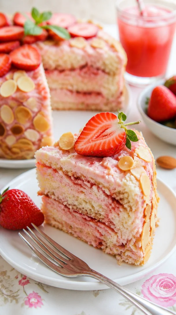 Wickeltorte mit Erdbeeren und Mascarpone-Creme auf einem Teller
