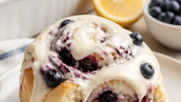 Zitronen-Blaubeer-Süßbrötchen frisch gebacken auf einem Teller