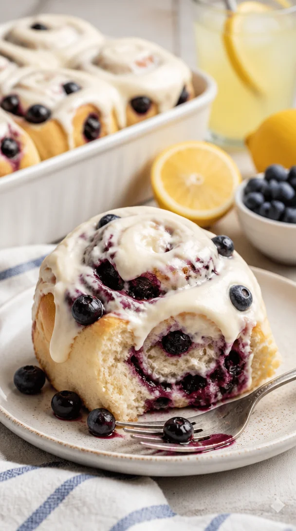 Zitronen-Blaubeer-Süßbrötchen frisch gebacken auf einem Teller