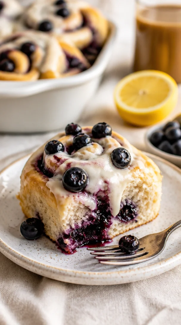 Zitronen-Blaubeer-Süßschnecken auf einem Backblech, frisch gebacken.