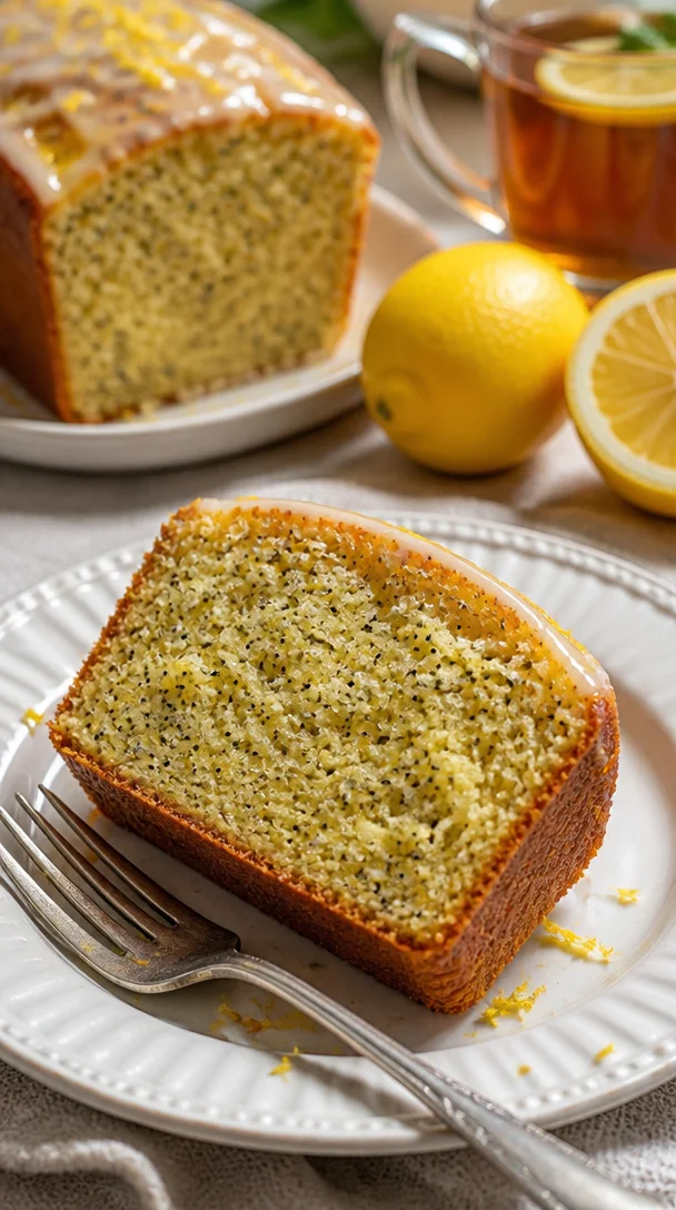 Saftiger Zitronen-Mohn-Kuchen auf einem Tisch, bereit zum Servieren