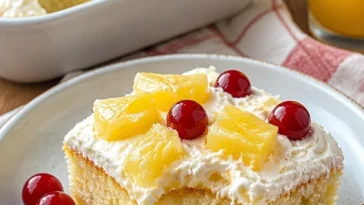 Ananas Himmel Kuchen mit frischen Ananasstücken auf einem saftigen Biskuitboden.