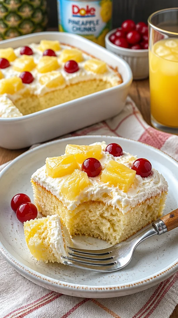 Ananas Himmel Kuchen mit frischen Ananasstücken auf einem saftigen Biskuitboden.