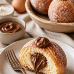 Leckere Bamboloni gefüllt mit Marmelade und Pudding auf einem Teller