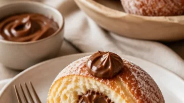 Leckere Bamboloni gefüllt mit Marmelade und Pudding auf einem Teller