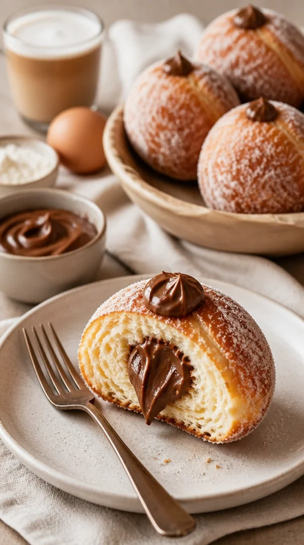Leckere Bamboloni gefüllt mit Marmelade und Pudding auf einem Teller