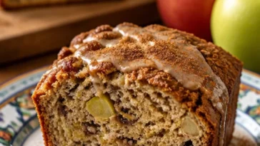 Leckeres Banana-Apfel-Brot mit Bananen und Äpfeln auf einem Tisch