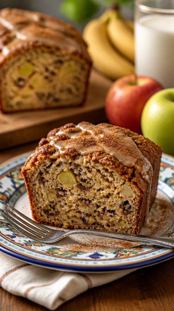 Leckeres Banana-Apfel-Brot mit Bananen und Äpfeln auf einem Tisch