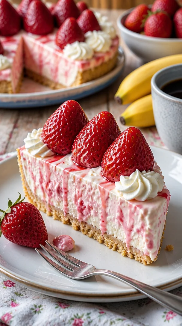 Bananen-Erdbeer-Käsekuchen-Fantasie mit frischen Früchten und cremigem Käse