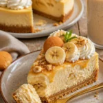 Bananen-Pudding-Käsekuchen mit cremiger Füllung und Bananenscheiben garniert