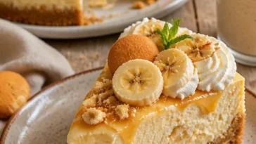 Bananen-Pudding-Käsekuchen mit cremiger Füllung und Bananenscheiben garniert