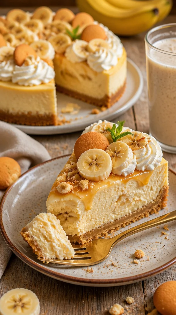 Bananen-Pudding-Käsekuchen mit cremiger Füllung und Bananenscheiben garniert