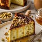 Leckere Basque Cheesecake mit Pistazien auf einem Teller serviert