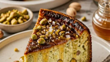 Leckere Basque Cheesecake mit Pistazien auf einem Teller serviert