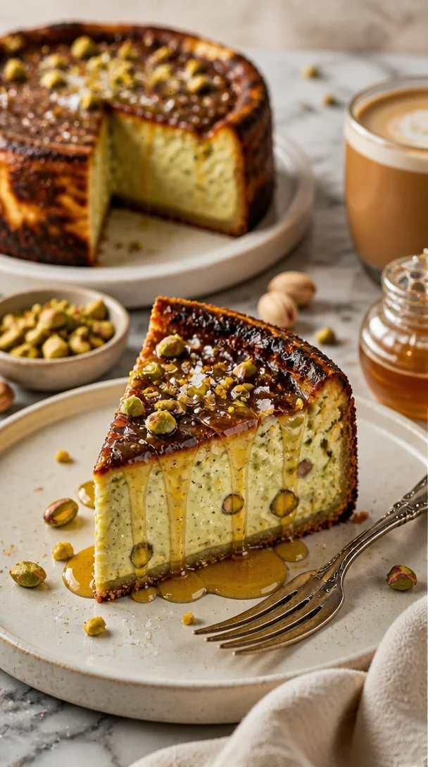 Leckere Basque Cheesecake mit Pistazien auf einem Teller serviert